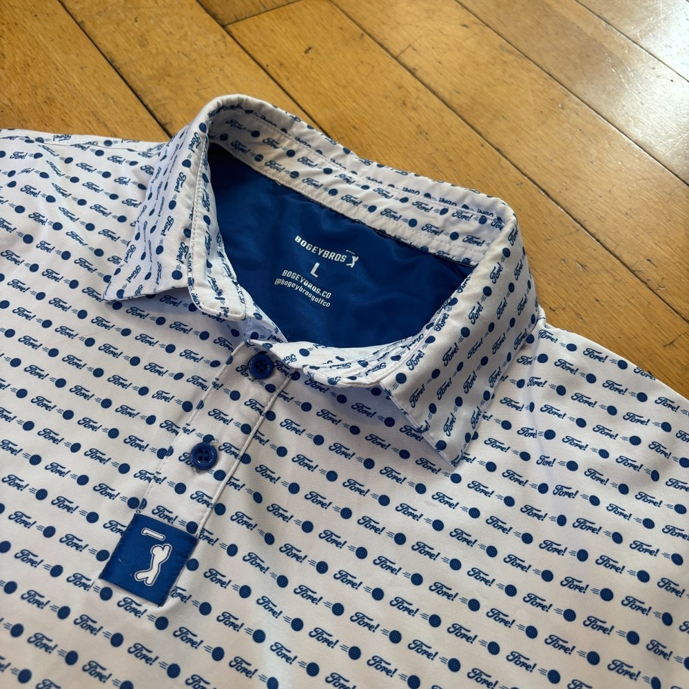 Bogey Bros Golf Polo Mens L White Fore Novelty All Over Print Performance